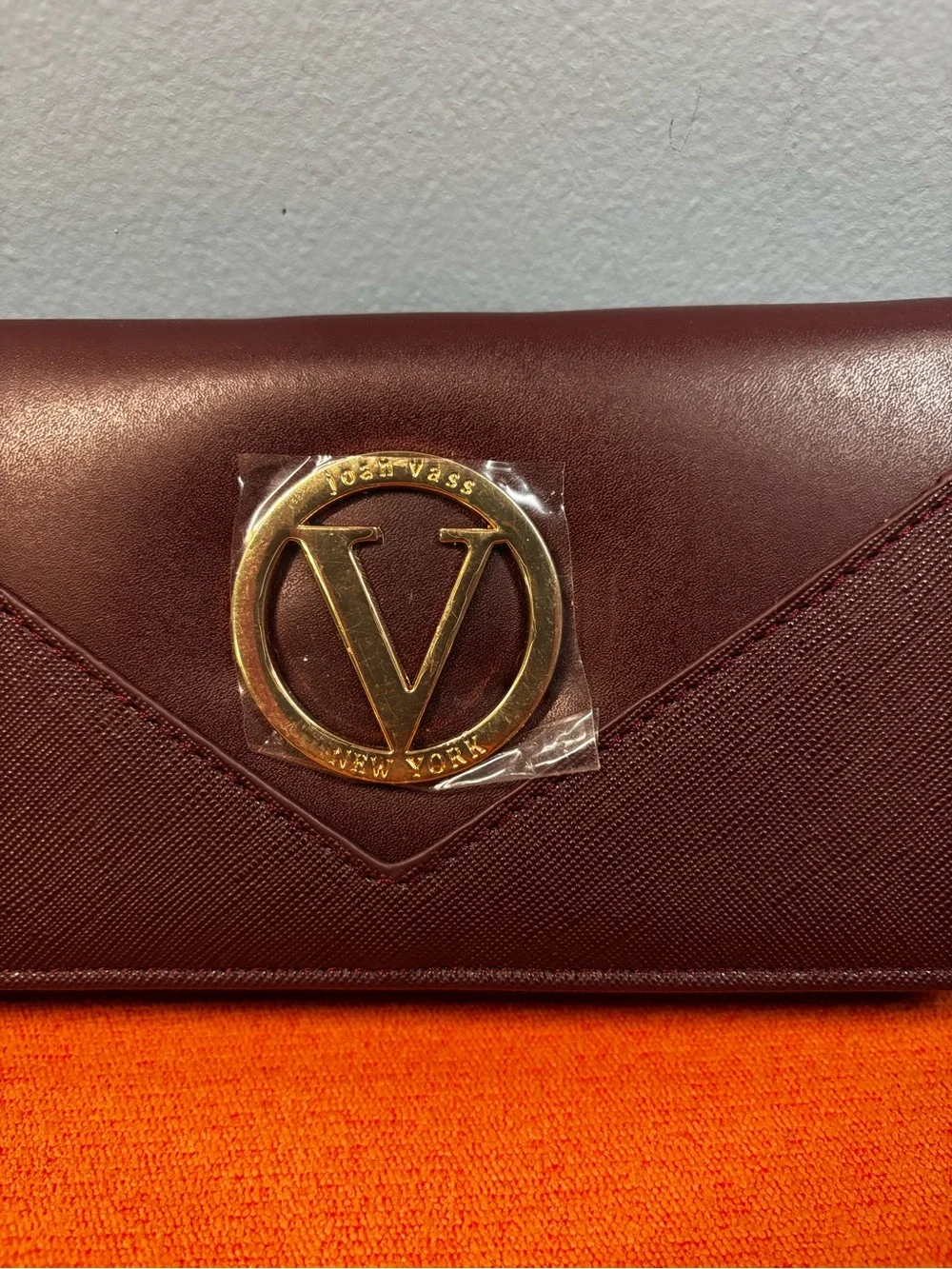 Joan Vass V-Logo Burgundy Leather Continental Wallet